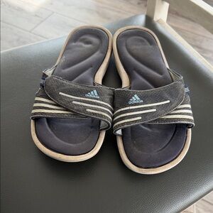 adidas Black Slides with Light Blue Logo and Cream Trim